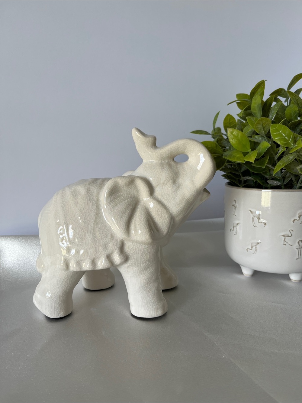 Ceramic Elephant Figurine in Crackled Ivory Glazed Finish